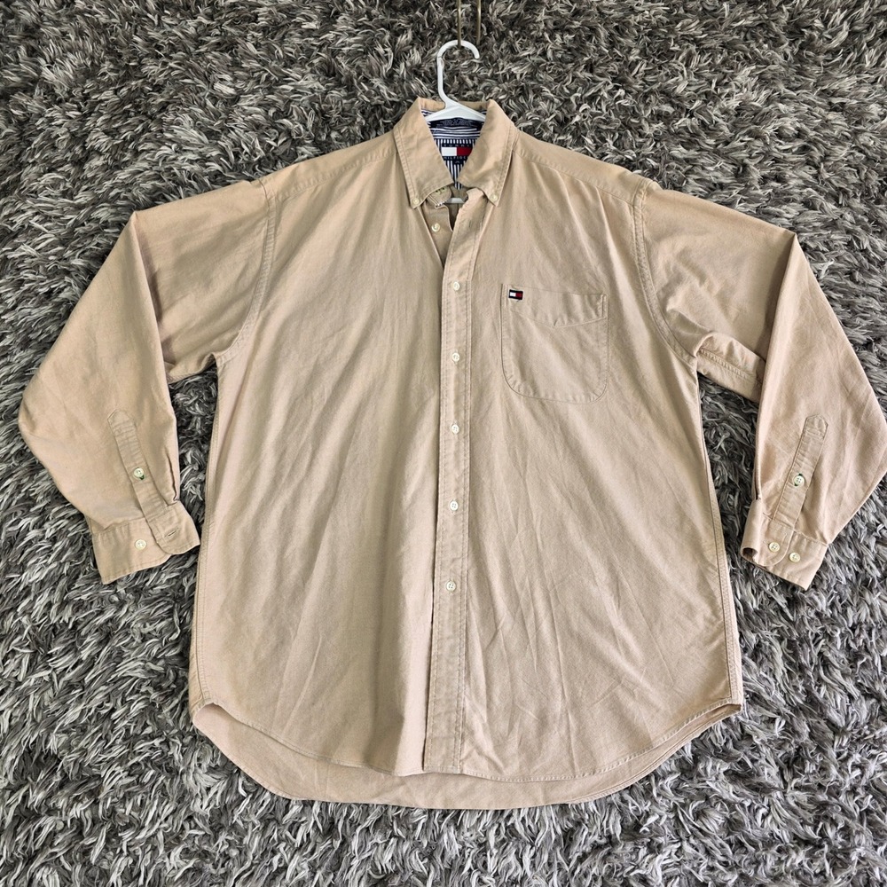 Tommy Hilfiger Mens Oxford Button Down Shirt Tan Beige Cotton Long Sleeve Size M